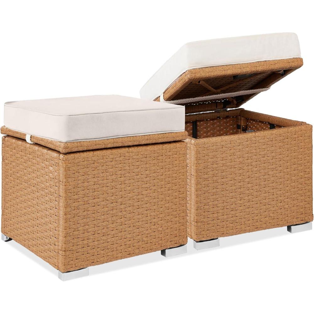 image:imageBest Choice Products Set of 2 Wicker Ottomans Multipurpose Outdoor Furniture for Patio Backyard Additional Seating Footrest Side Table wStorage Removable Cushions  BrownBeigeNaturalIvory
