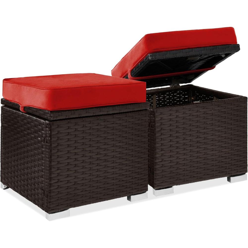 image:imageBest Choice Products Set of 2 Wicker Ottomans Multipurpose Outdoor Furniture for Patio Backyard Additional Seating Footrest Side Table wStorage Removable Cushions  BrownBeigeRedBrown