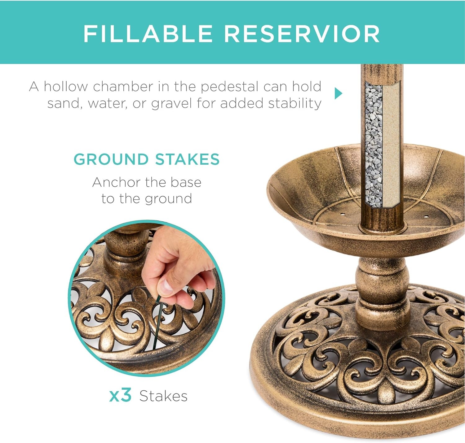 image:imageBest Choice Products Outdoor Solar Lighted Pedestal Bird Bath Fountain Decoration wPlanter Integrated Panel Scroll Accents for Lawn Garden  GreenBronze