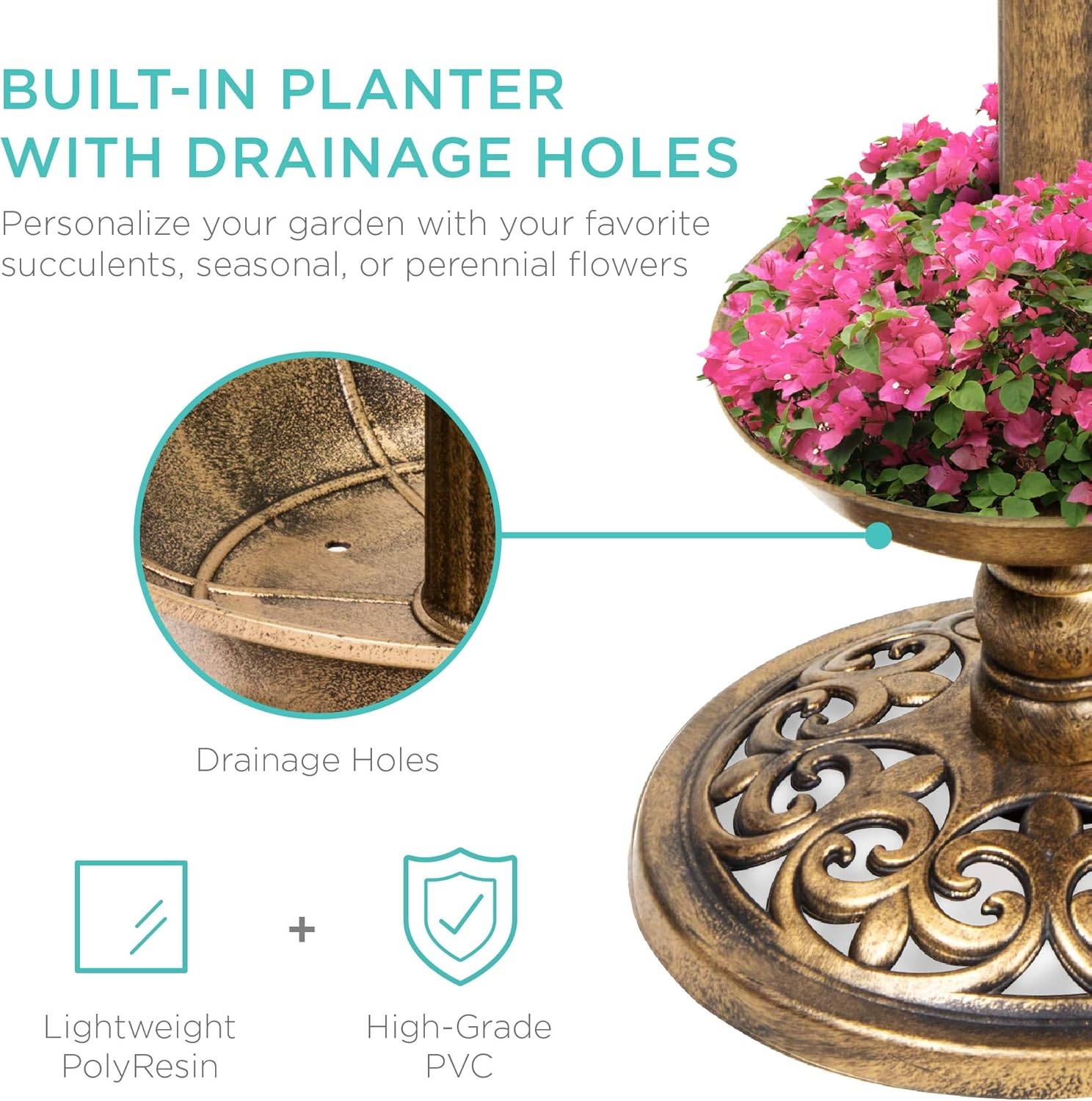 image:imageBest Choice Products Outdoor Solar Lighted Pedestal Bird Bath Fountain Decoration wPlanter Integrated Panel Scroll Accents for Lawn Garden  GreenBronze