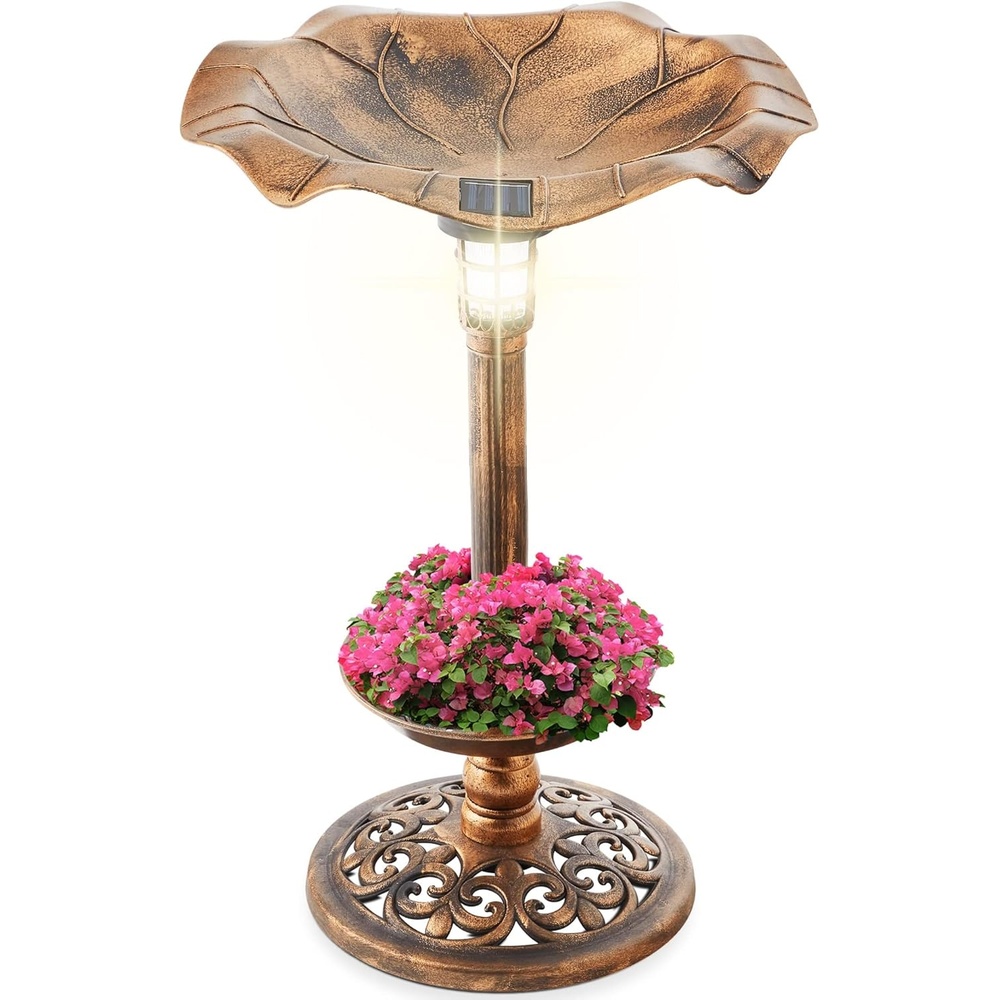 image:imageBest Choice Products Outdoor Solar Lighted Pedestal Bird Bath Fountain Decoration wPlanter Integrated Panel Scroll Accents for Lawn Garden  GreenBronze