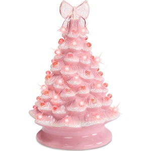 image:imageBest Choice Products 15in Ceramic Christmas Tree Prelit HandPainted Tabletop Holiday Tree 2 Star Toppers 64 Lights  Green wWarm White BulbsPink W Pink Lights