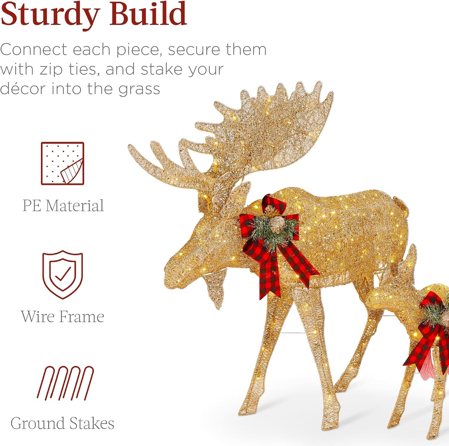 image:imageBest Choice Products 5ft 2Piece Moose Family Lighted Outdoor Christmas Yard Decoration LightUp Dcor Set w 370 LED Lights Zip Ties  GoldGold  Extra Large