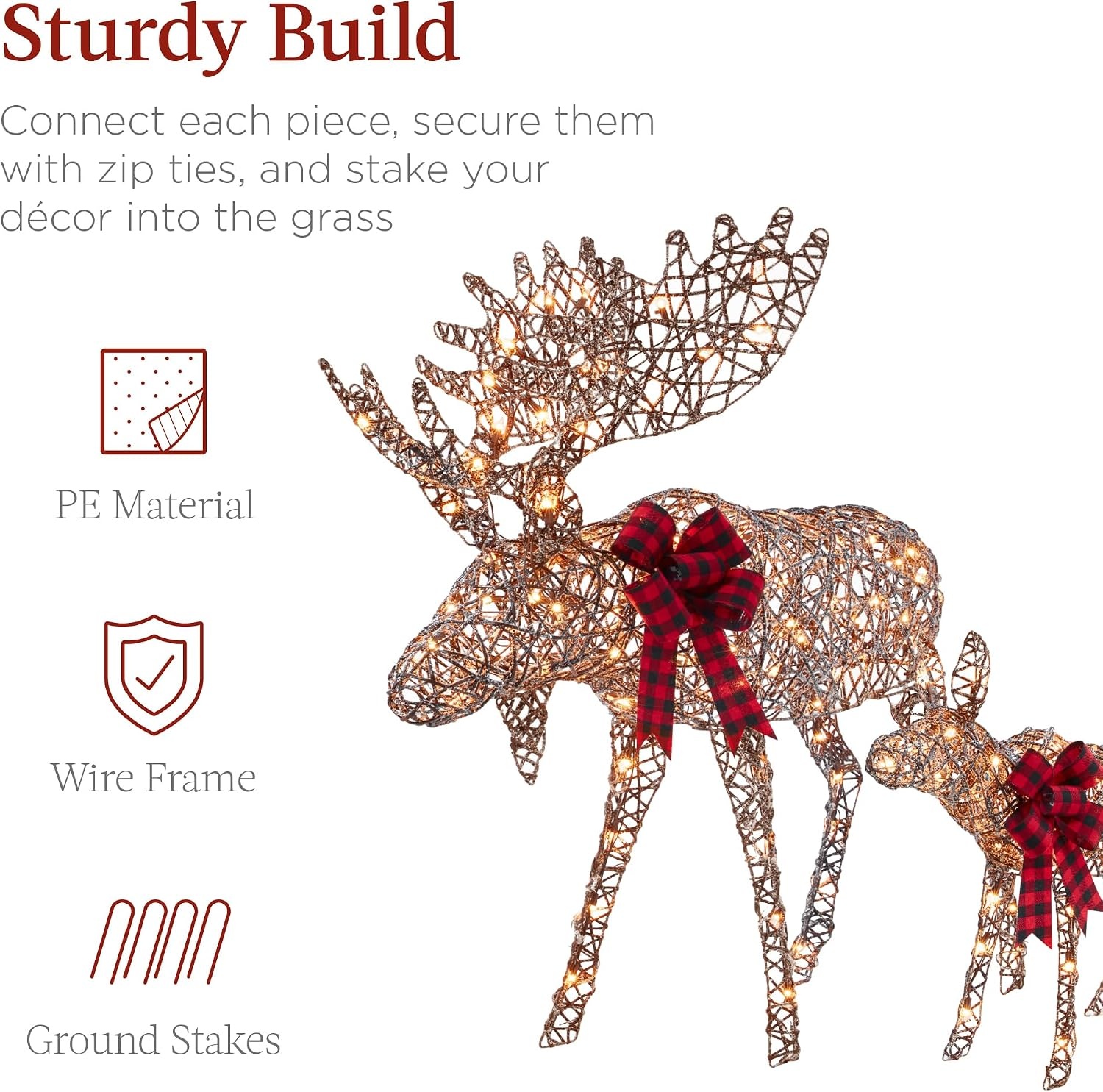 image:imageBest Choice Products 5ft 2Piece Moose Family Lighted Outdoor Christmas Yard Decoration LightUp Dcor Set w 370 LED Lights Zip Ties  GoldRattan  Extra Large