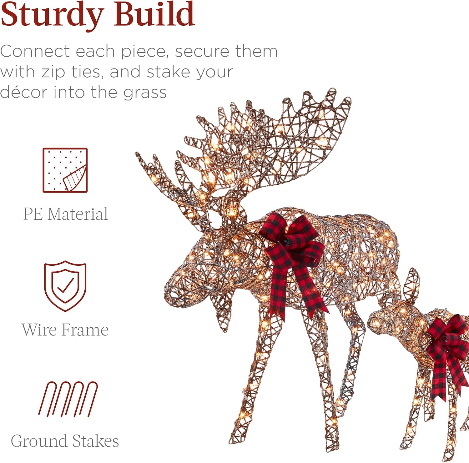 image:imageBest Choice Products 5ft 2Piece Moose Family Lighted Outdoor Christmas Yard Decoration LightUp Dcor Set w 370 LED Lights Zip Ties  GoldRattan  Large