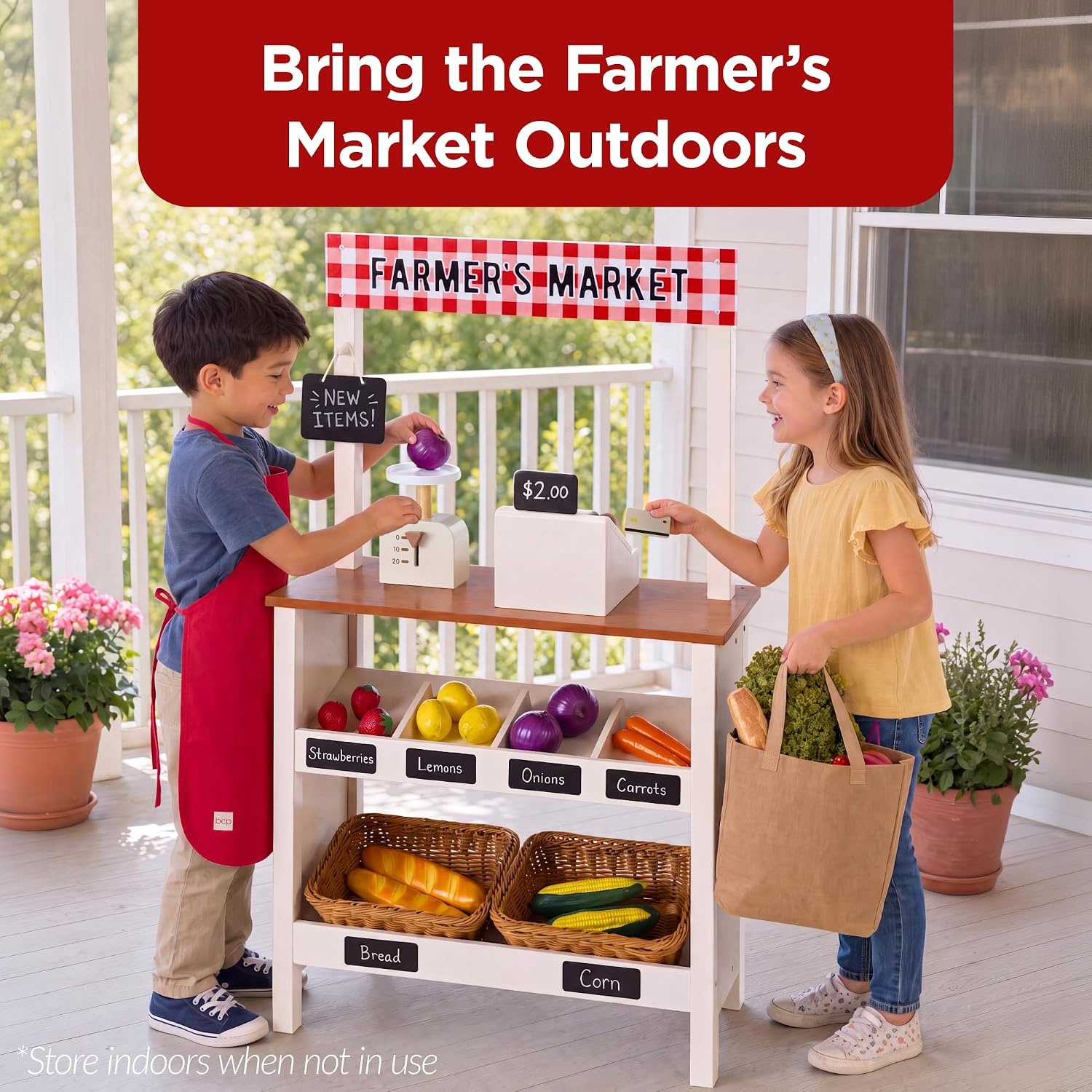 image:imageBest Choice Products Grocery Store Playset for Kids with Cash Register and 22 Play Food Accessories Wooden Farmers Market Stand Storage Bins amp Baskets for Toddlers Boys Girls 3