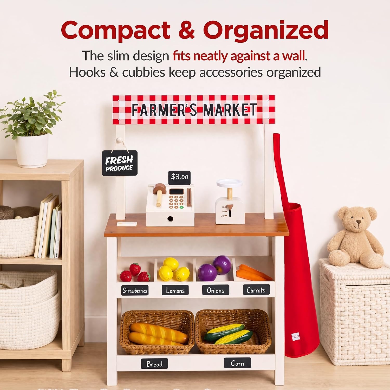 image:imageBest Choice Products Grocery Store Playset for Kids with Cash Register and 22 Play Food Accessories Wooden Farmers Market Stand Storage Bins amp Baskets for Toddlers Boys Girls 3