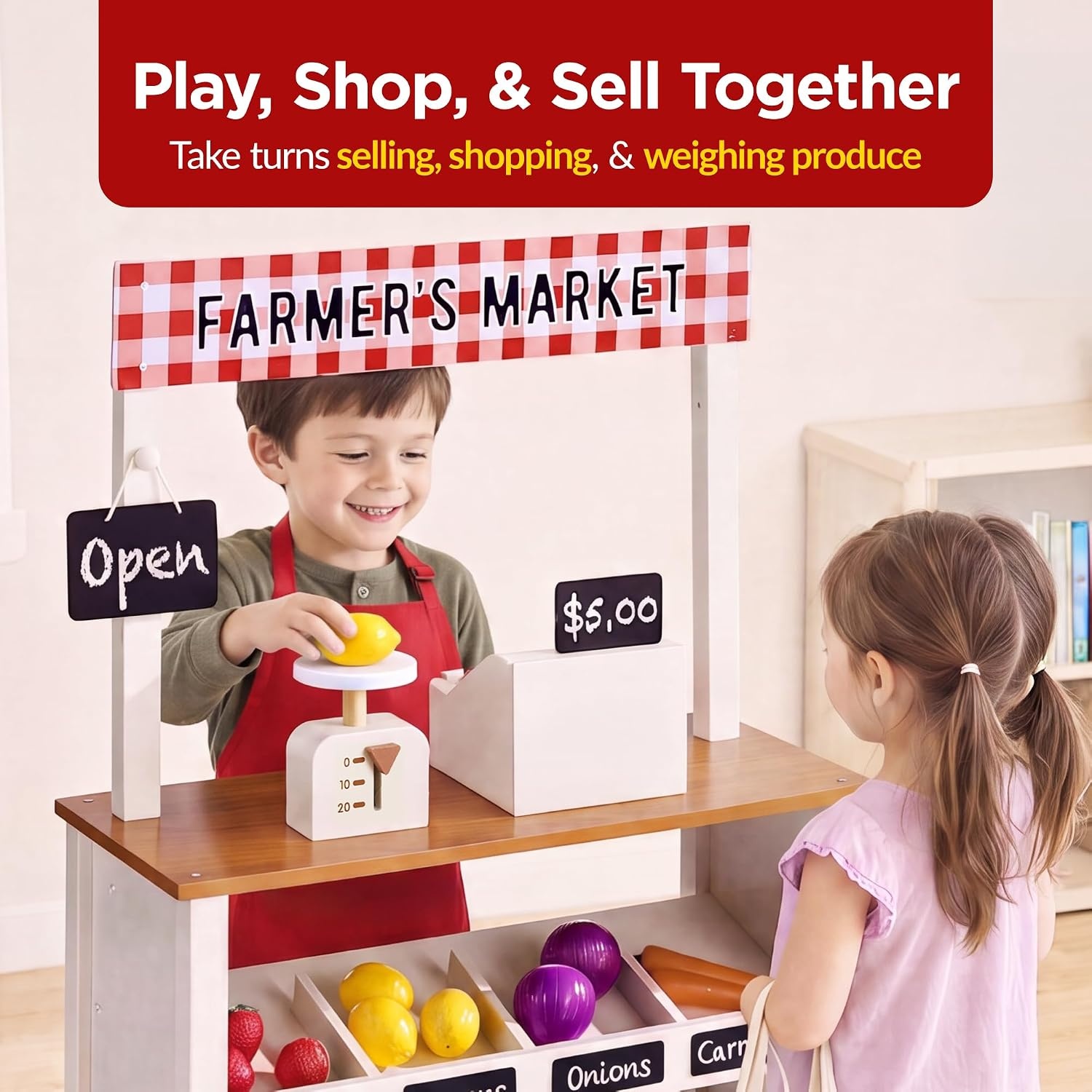 image:imageBest Choice Products Grocery Store Playset for Kids with Cash Register and 22 Play Food Accessories Wooden Farmers Market Stand Storage Bins amp Baskets for Toddlers Boys Girls 3