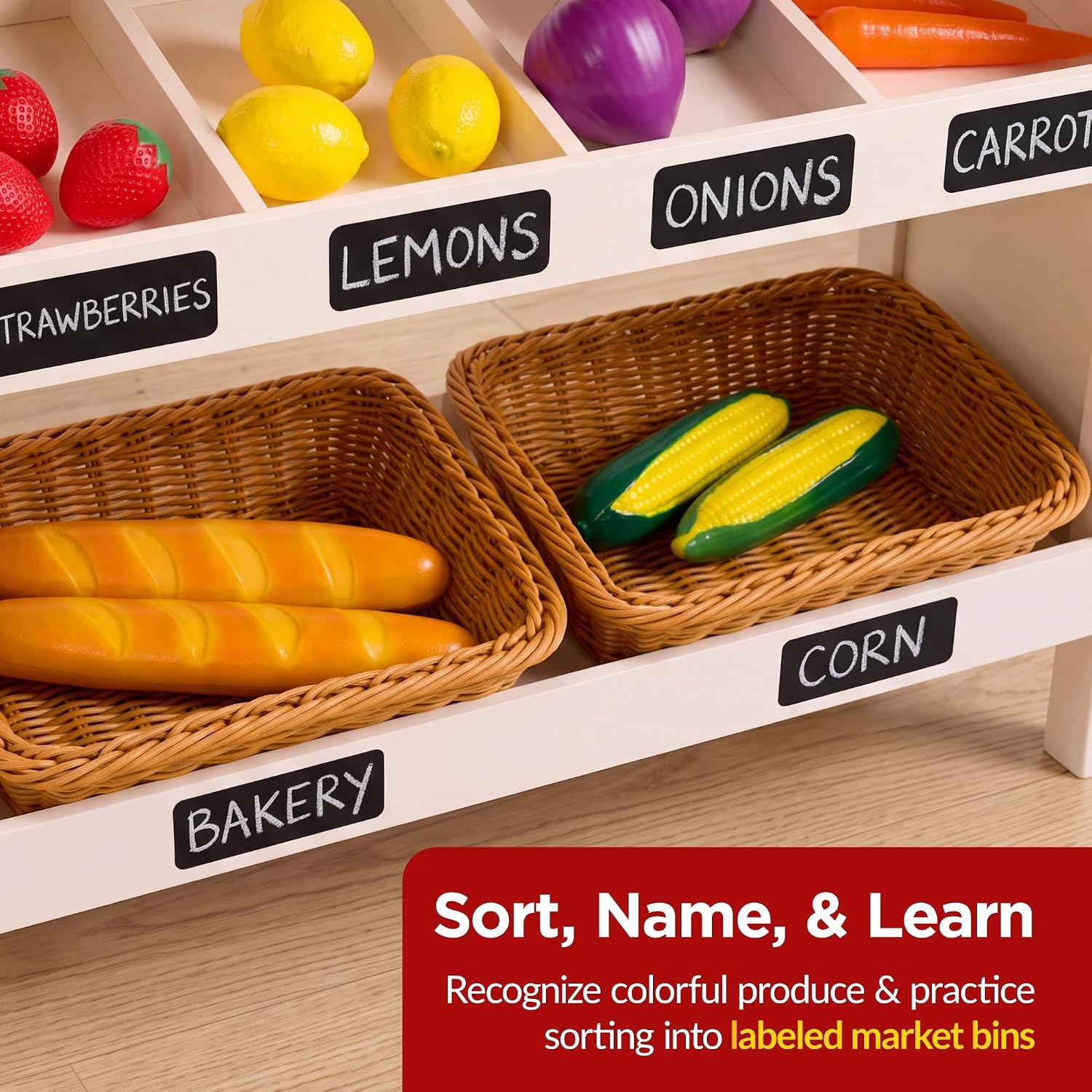 image:imageBest Choice Products Grocery Store Playset for Kids with Cash Register and 22 Play Food Accessories Wooden Farmers Market Stand Storage Bins amp Baskets for Toddlers Boys Girls 3
