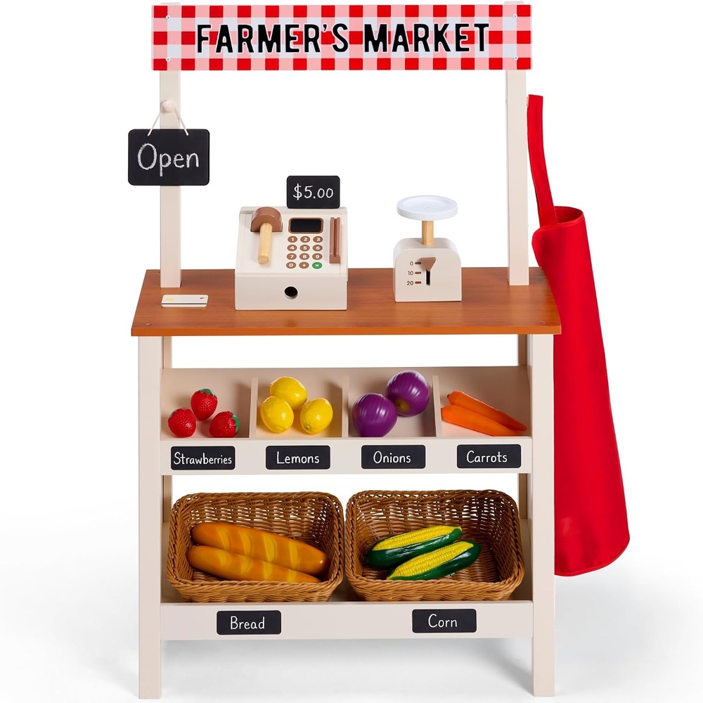 image:imageBest Choice Products Grocery Store Playset for Kids with Cash Register and 22 Play Food Accessories Wooden Farmers Market Stand Storage Bins amp Baskets for Toddlers Boys Girls 3
