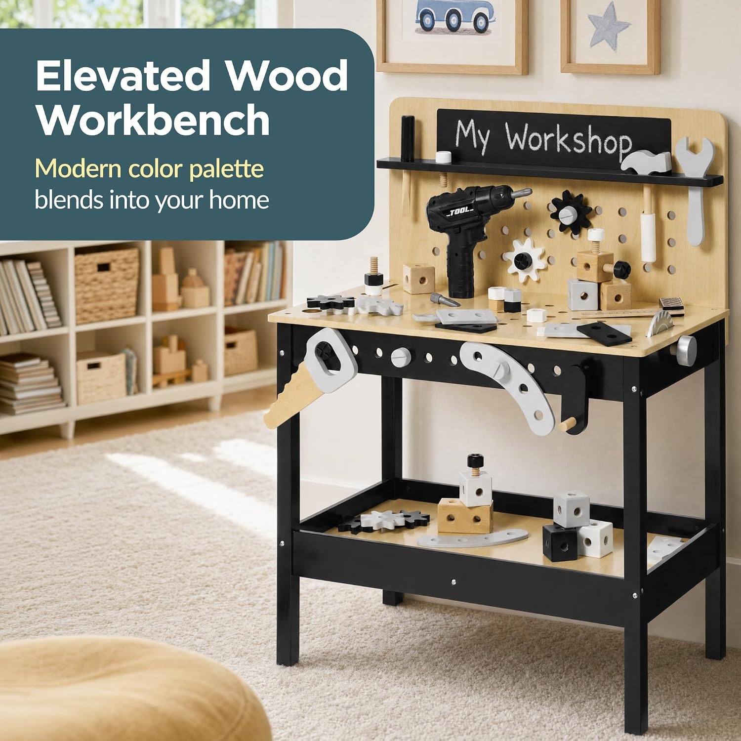 image:imageBest Choice Products Wooden Kids Workbench with BatteryPowered Drill amp Tool Set Construction Toy for Toddlers Ages 35 Pretend Play Workshop with Chalkboard Storage Pegboard amp Accessories