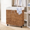 image:imageBest Choice Products Large Double Laundry Hamper WRolling Wheels Natural Handwoven Hyacinth Open Laundry Basket W 2 Compartments Washable Liner amp Handles Portable 32 Gallon 120L  NaturalChestnut