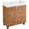 image:imageBest Choice Products Large Double Laundry Hamper WRolling Wheels Natural Handwoven Hyacinth Open Laundry Basket W 2 Compartments Washable Liner amp Handles Portable 32 Gallon 120L  NaturalChestnut
