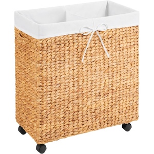 image:imageBest Choice Products Large Double Laundry Hamper WRolling Wheels Natural Handwoven Hyacinth Open Laundry Basket W 2 Compartments Washable Liner amp Handles Portable 32 Gallon 120L  NaturalNatural