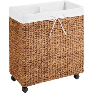 image:imageBest Choice Products Large Double Laundry Hamper WRolling Wheels Natural Handwoven Hyacinth Open Laundry Basket W 2 Compartments Washable Liner amp Handles Portable 32 Gallon 120L  NaturalChestnut