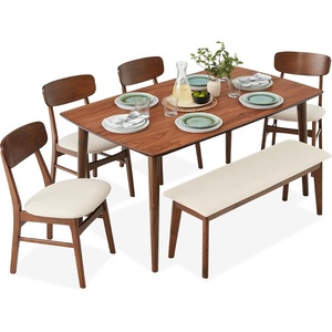 image:imageBest Choice Products 6Piece Wooden Dining Set MidCentury Modern Table amp Upholstered Chair Set wBench Seat Rubberwood Legs  WalnutCreamWalnutCream