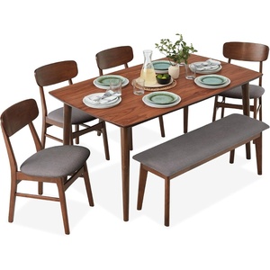 image:imageBest Choice Products 6Piece Wooden Dining Set MidCentury Modern Table amp Upholstered Chair Set wBench Seat Rubberwood Legs  WalnutCreamWalnutGray